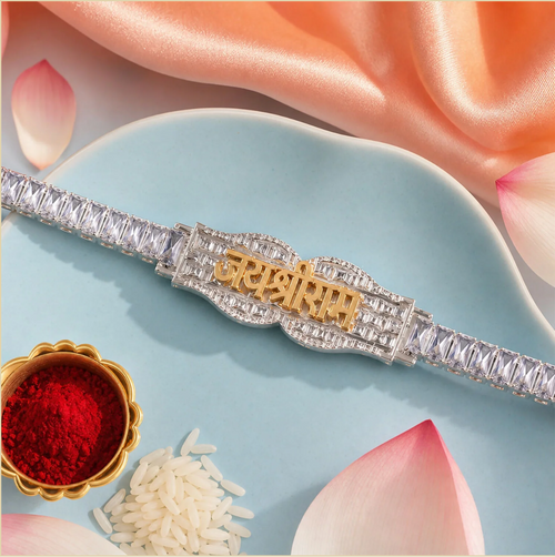 Jay Shree Ram Premium CZ Stone Silver Rakhi with Gold Finish Spiritual Gift Set