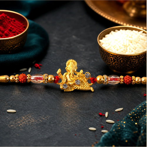 Ganesha Rakhi – Rudraksha & Pearl Beads for Brother